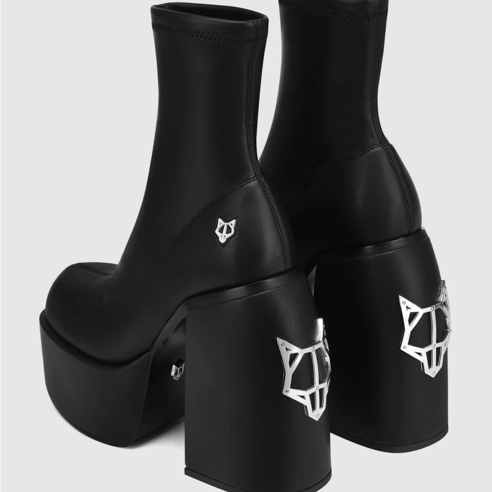 Naked Wolfe Black Platform Ankle Boots with Silver Fox Emblems